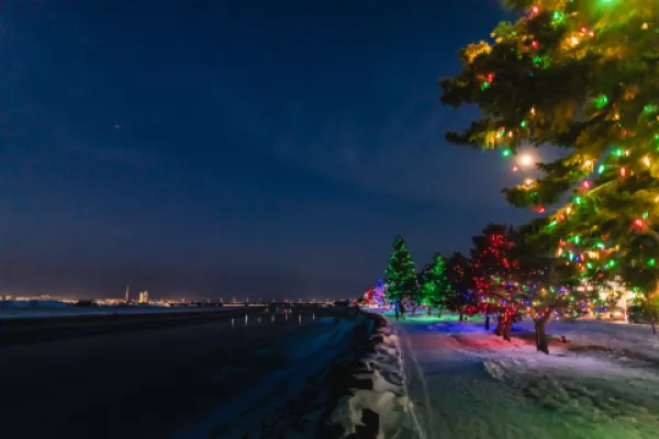 View of city lights and christmas lights across the river at night