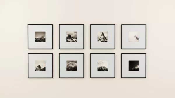 Black and white artwork in thin black frames