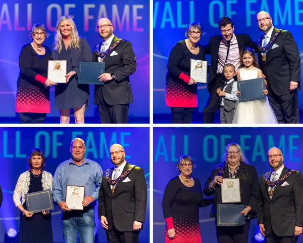 4 photo collage of sports wall of fame award winners 