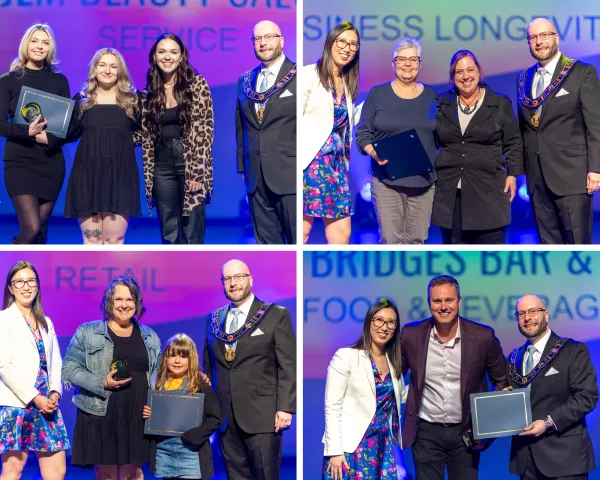 4 photo collage of business award winners smiling with their certificates