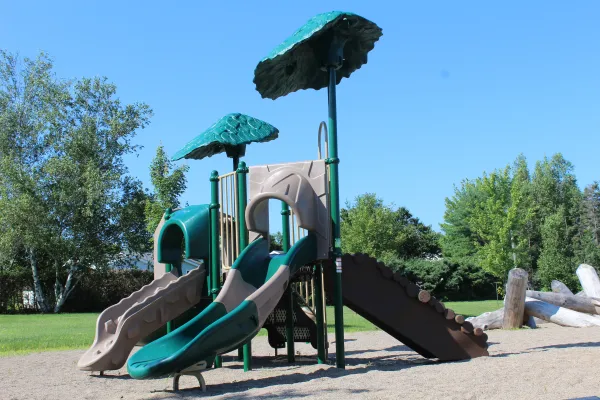 A playground on Redwater Drive surrounded by trees with a clear blue sky in the background..