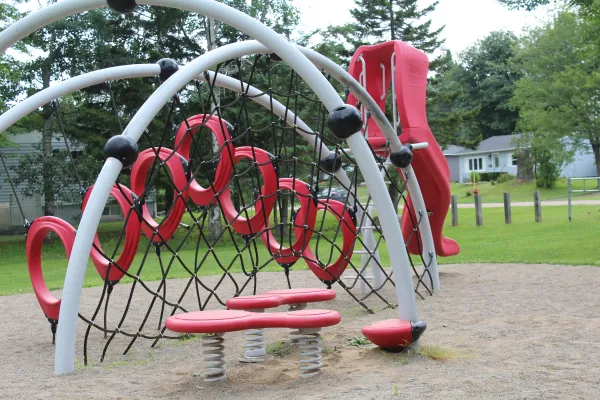 A playground next to some trees and houses with cloudy sky in the background 