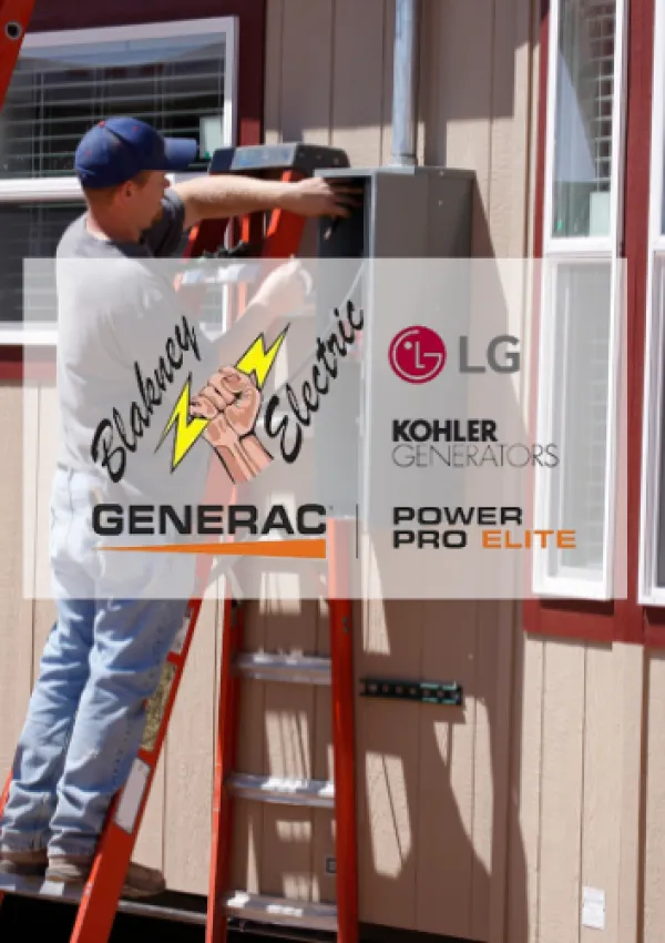 Installation of electrical panel on exterior of home and Blakney Electric logo.