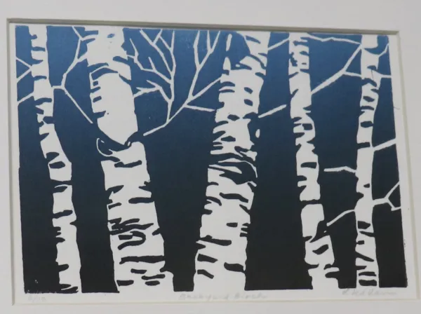 Linoprint on paper art piece of birch trees 