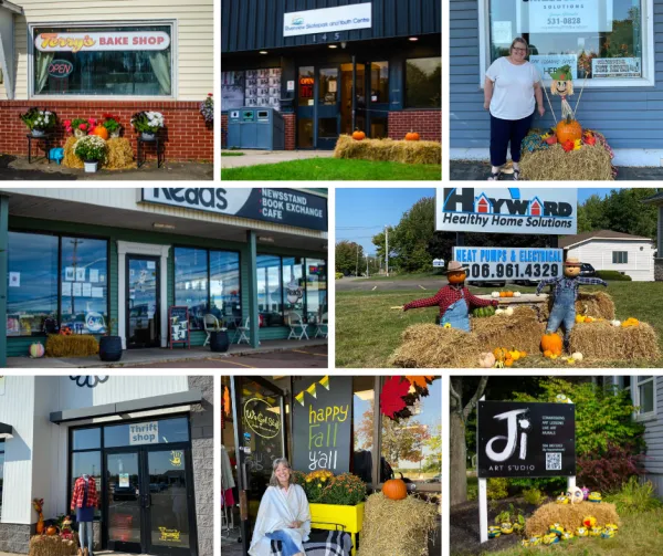 A collage of storefronts with straw and pumpkin displays 