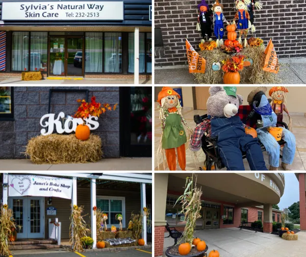 A collage of storefronts with straw and pumpkin displays 