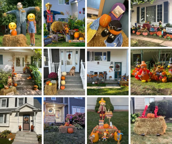 A collage of homes with straw and pumpkin displays 