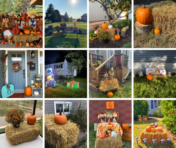 A collage of homes with straw and pumpkin displays 