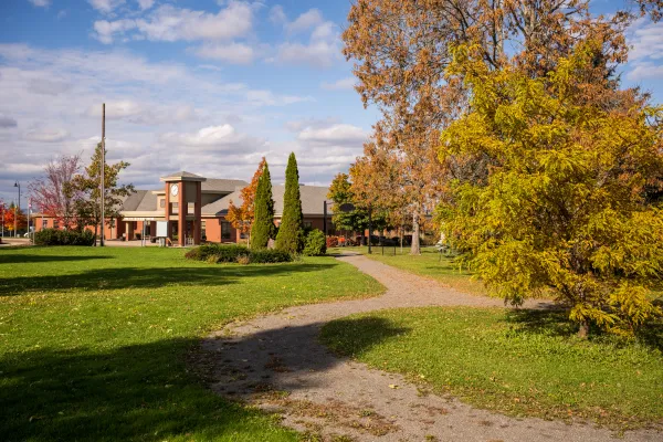 Riverview town hall view from Caseley Park in the fall 