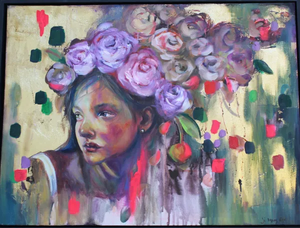 Mixed media painting of a girl with flowers