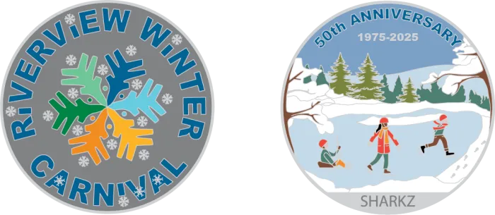 Riverview Winter Carnival geocoin (side 1- carnival logo; side 2 is 3 skaters on the Winter Wonderland Park skating oval)